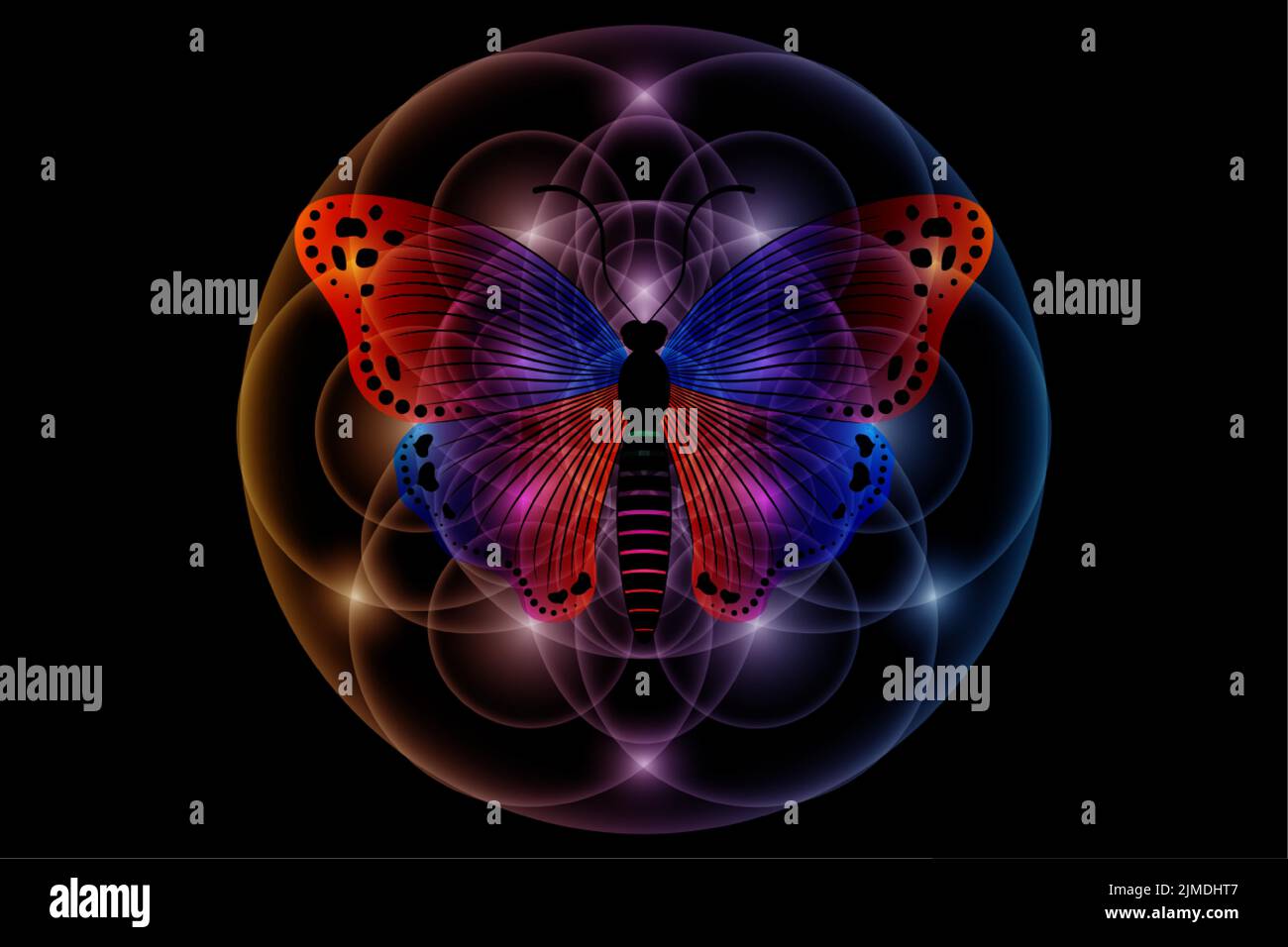 Mystischer Schmetterling und Samen des Lebens, Heilige Geometrie, Blume des Lebens, Lichtlogo Symbol für Harmonie und Balance, leuchtender geometrischer Ornament, bunt Stock Vektor