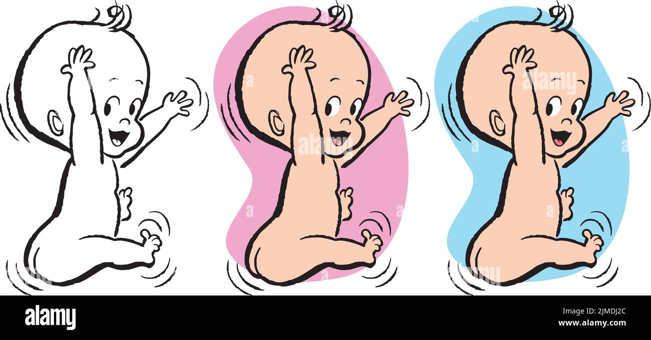 Ein Retro-Cartoon im Vintage-Stil mit einem hüpfenden Neugeborenen. Stock Vektor