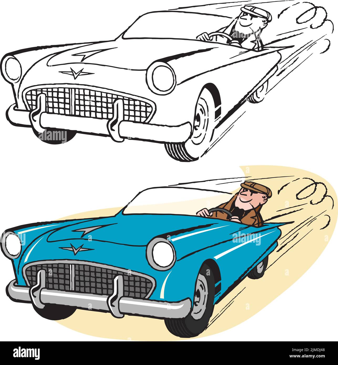 Ein Vintage-Retro-Cartoon eines Mannes, der in seinem Cabriolet-Sportwagen eine Freude hat. Stock Vektor