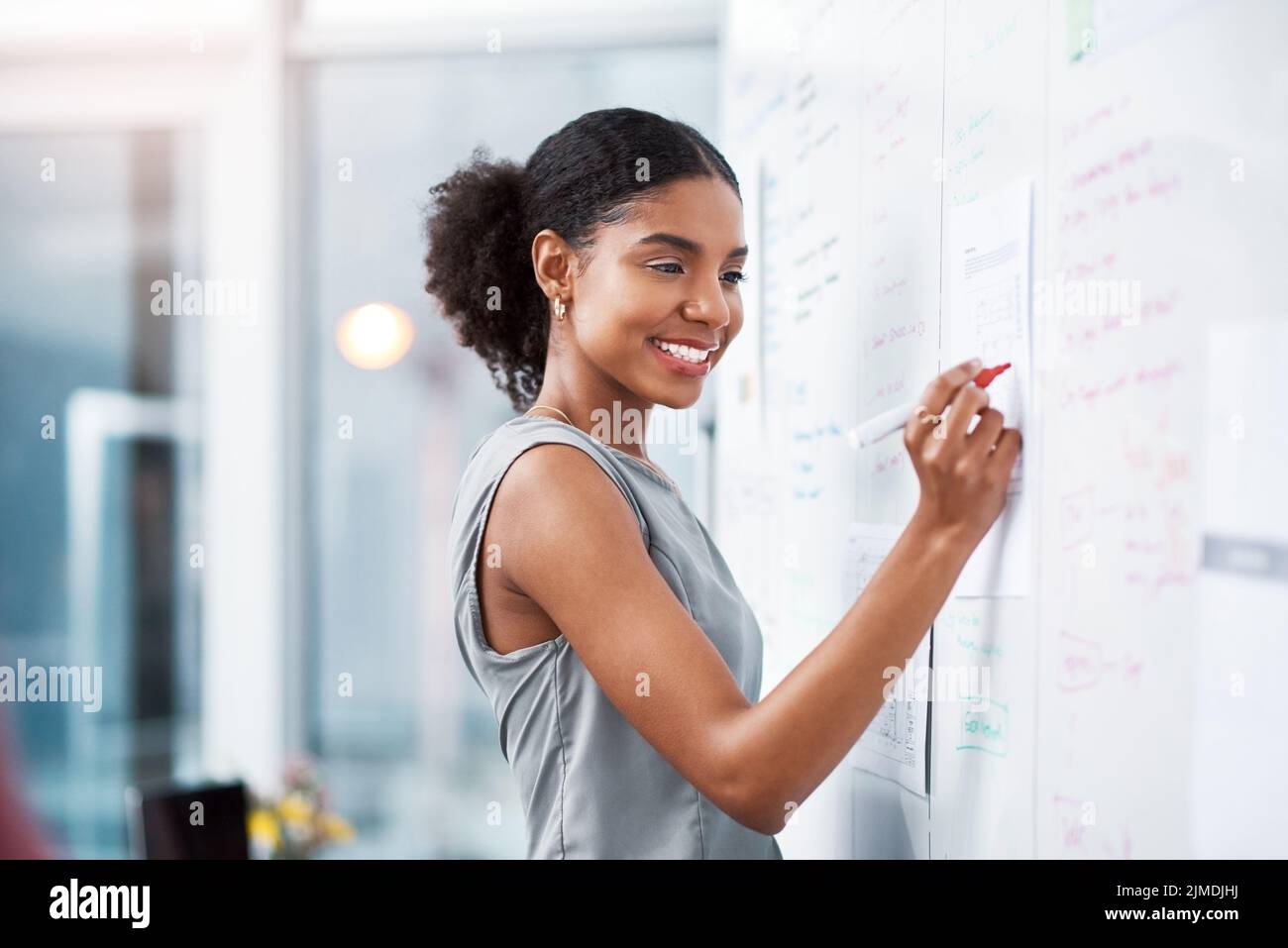Geschäftsfrau und Projektmanagerin, die während ihrer Präsentation eine Marketingstrategie planen und Ideen auf einem Whiteboard Brainstorming durchführen. Unternehmer und Stockfoto