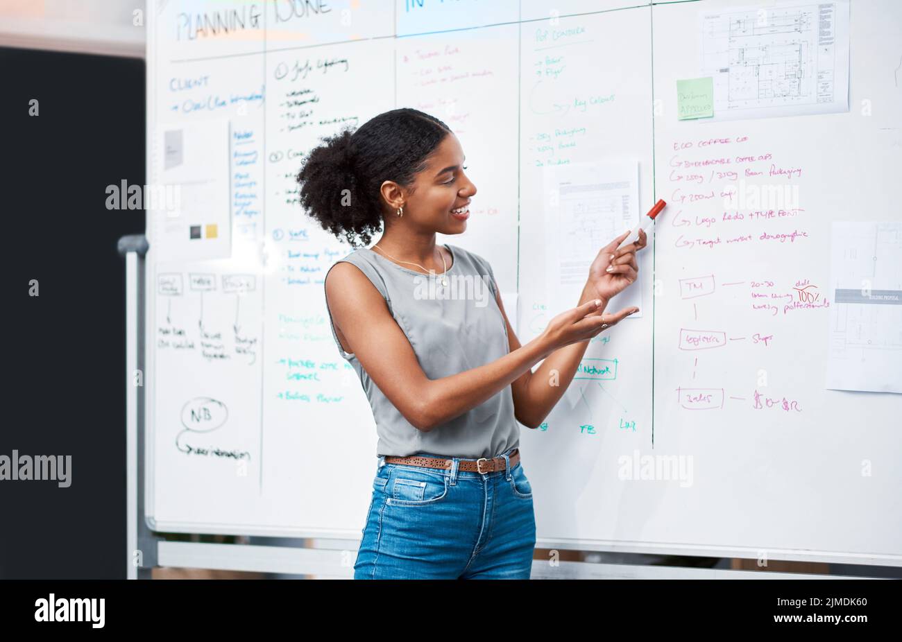 Geschäftsfrau, Coach und Projektmanagerin, die während ihrer Präsentation eine Strategie planen und Ideen auf einem Whiteboard Brainstorming durchführen. Junge Unternehmer und Stockfoto