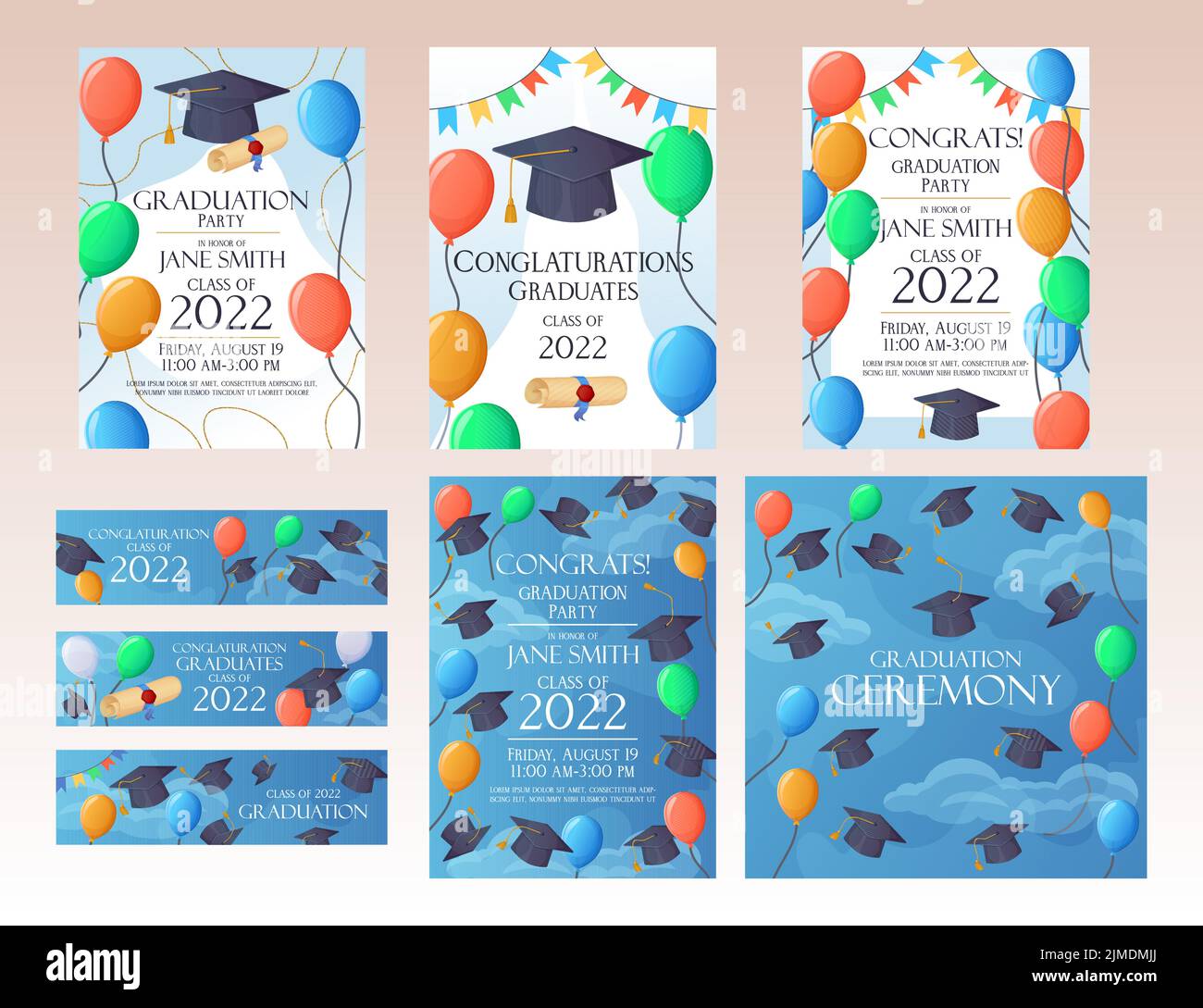 Abschlussfeier Einladungskarten und Banner Set 2022 lustige Karte. Himmel mit Ballons. Stock Vektor