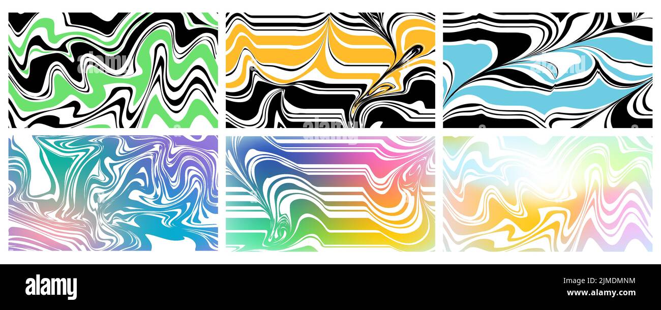 Abstraktes Cover geschmolzenes Farbverlauf-Streifen-Set. Futuristisches Y2K geometrisches Design. Sammlung von Vorlagen für Broschüren, Poster, Covers, Notizbücher Stock Vektor