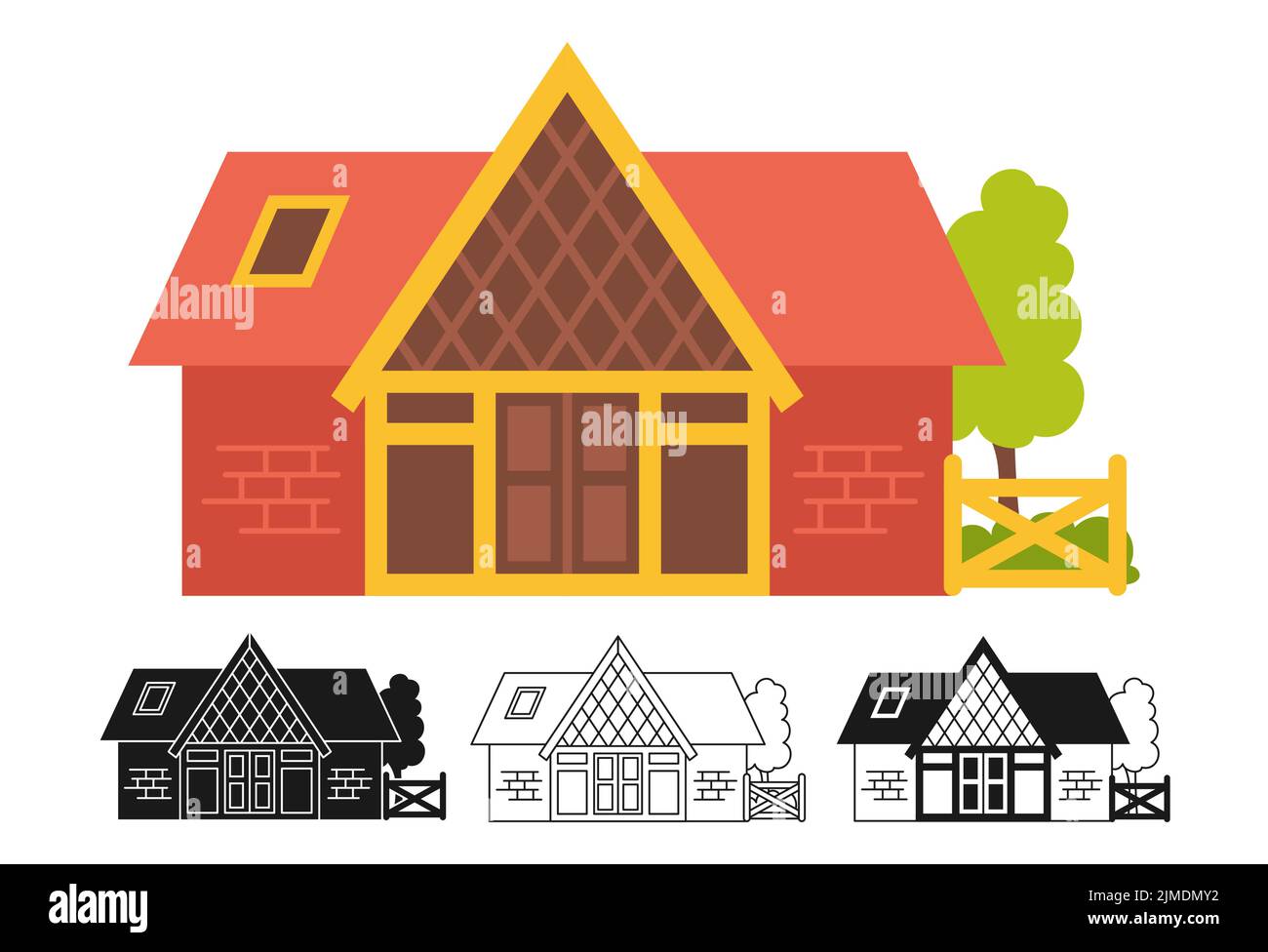 Haus vorne flach Cartoon oder gravierte Tintenstempel oder lineare Doodle Design-Set. Dorf- oder Stadtfassade, kleine und kleine Häuser. Moderne, gemütliche Gebäude. Wohn-Gehöft, Ferienhaus oder Villa Wohnung Stock Vektor