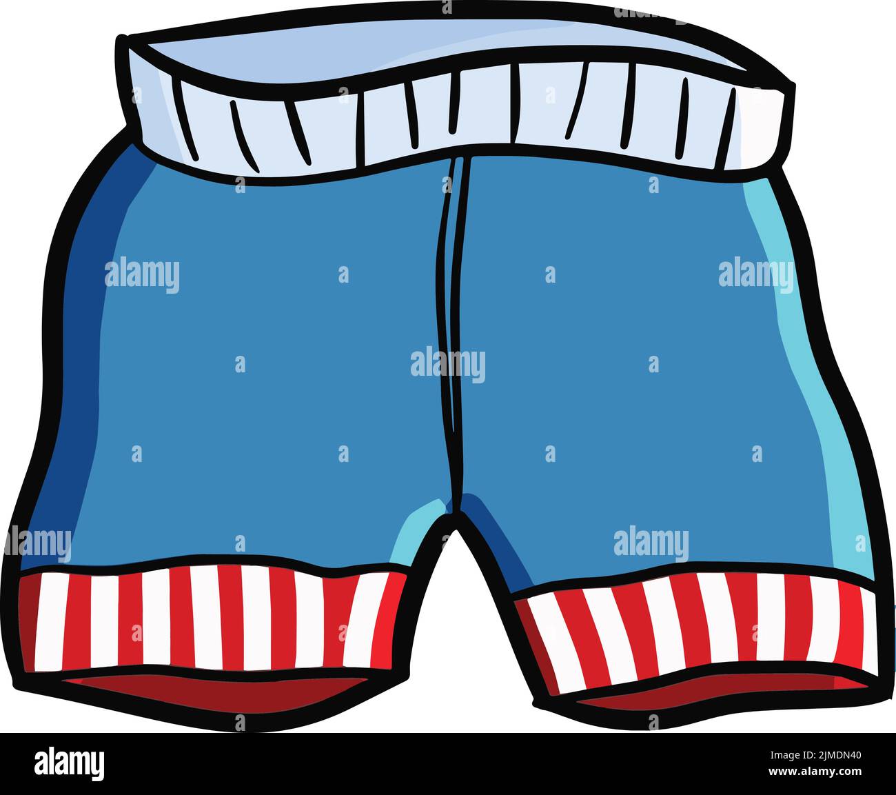 Eine Vektordarstellung einer blauen Shorts mit rot-weiß gestreiften Ecken auf weißem Hintergrund Stock Vektor