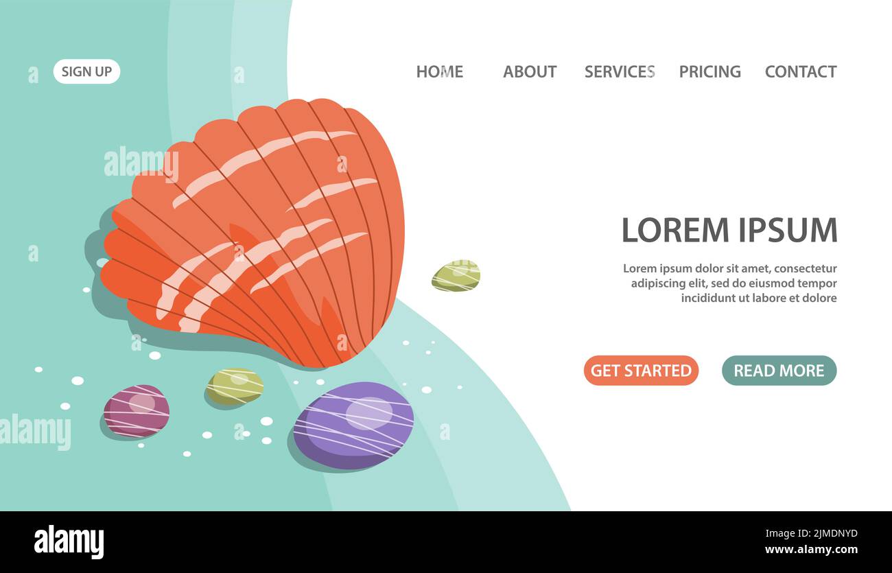 Seashell und Kieselsteine auf dem Meeresboden. Unterwasserwelt und Fauna. Strand und Sommerresort. Design-Vorlage für Banner, Website, Poster. Cartoon-Vektor il Stock Vektor