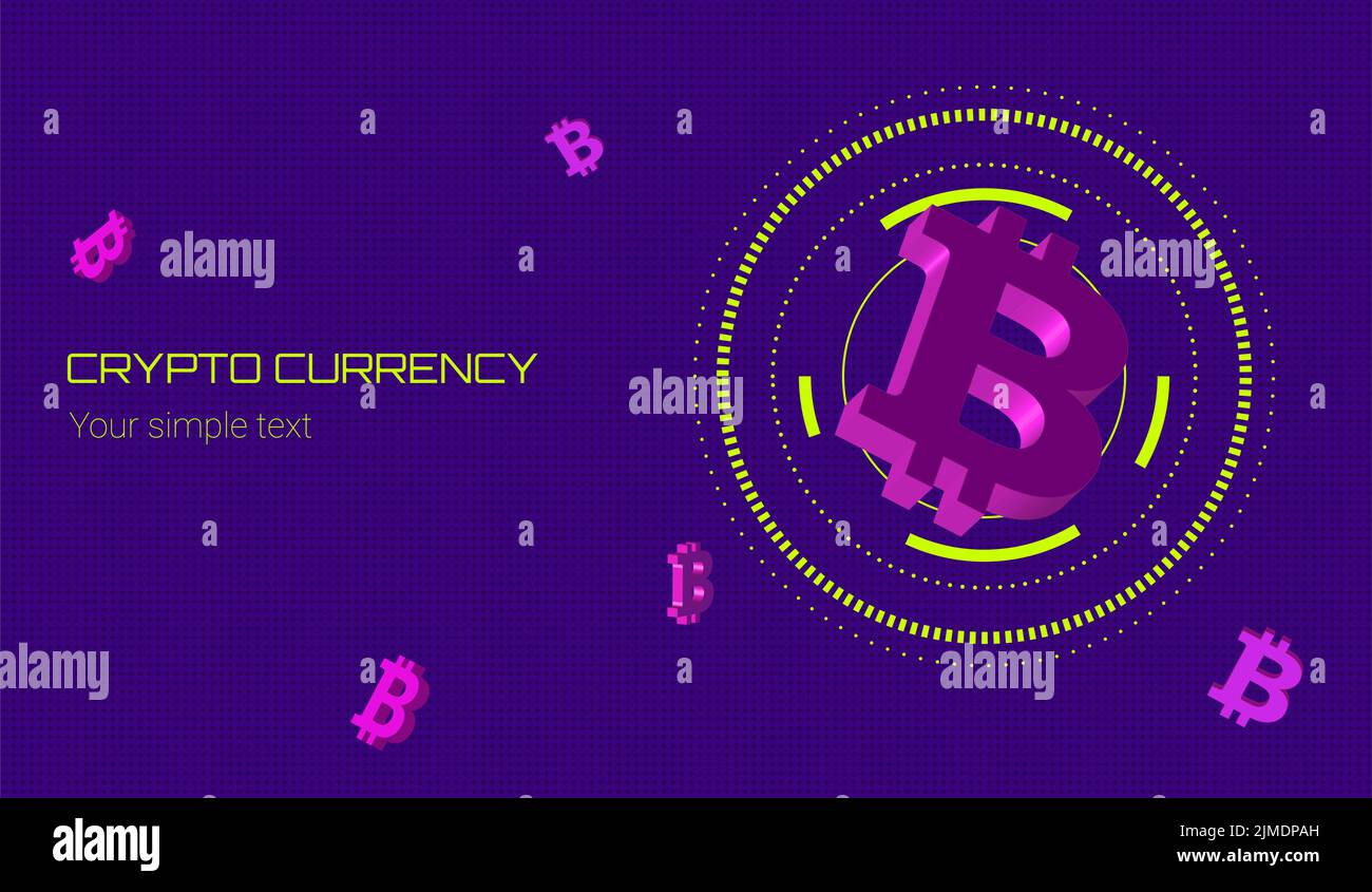 Inschrift Krypto Curency mit 3D Bitcoin-Symbolen auf einem Hintergrund von Punkten Stock Vektor