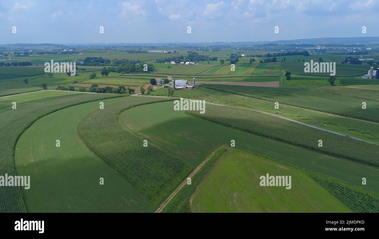 Luftaufnahme von grünen Ackerland mit verschiedenen Kulturen, die auf den Feldern wachsen Stockfoto