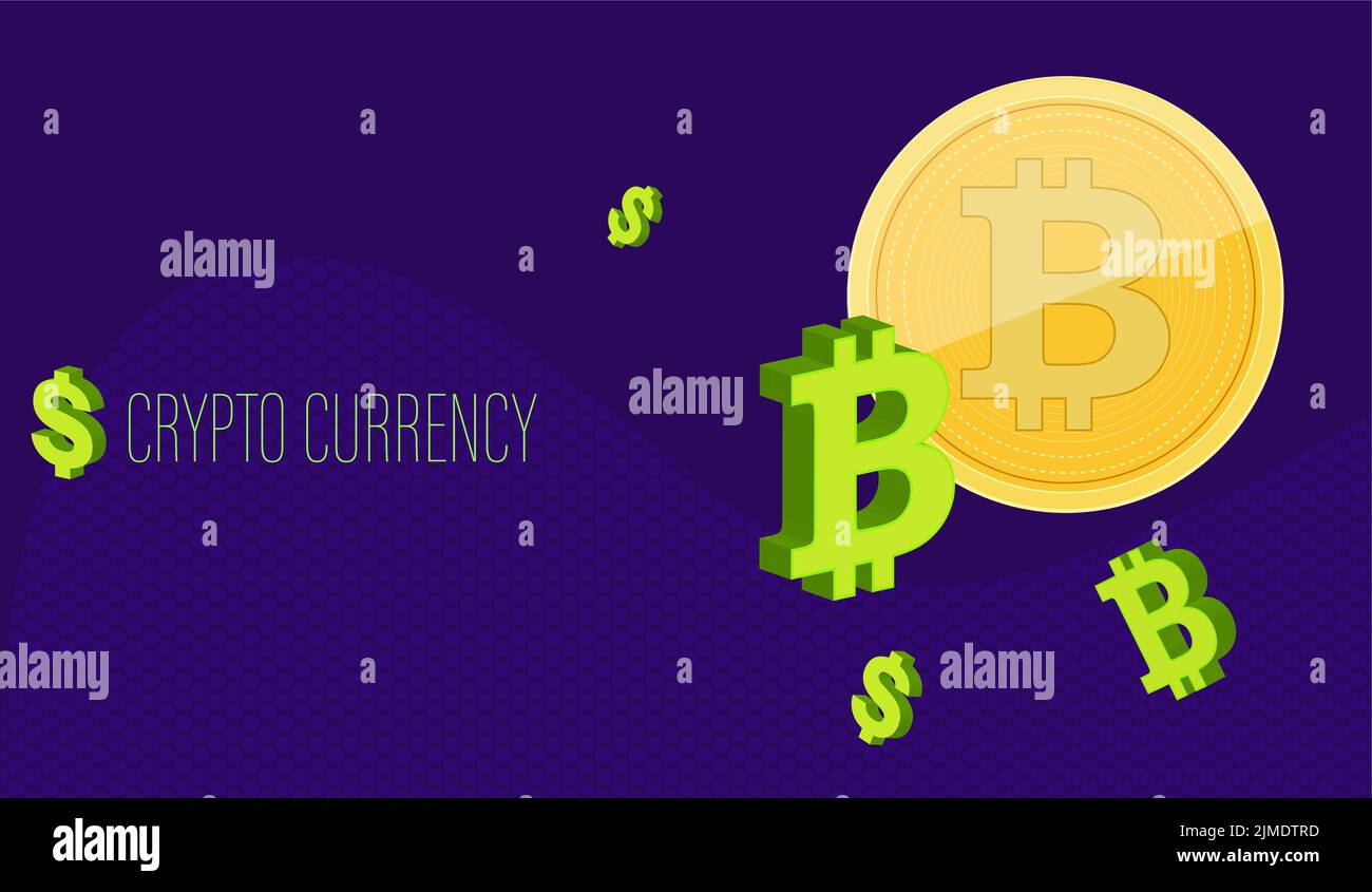 Die Inschrift Krypto curency mit einer Bitcoin-Münze auf einem abstrakten Hintergrund aus Polyeder mit 3D-Dollar- und Bitcoin-Symbolen Stock Vektor