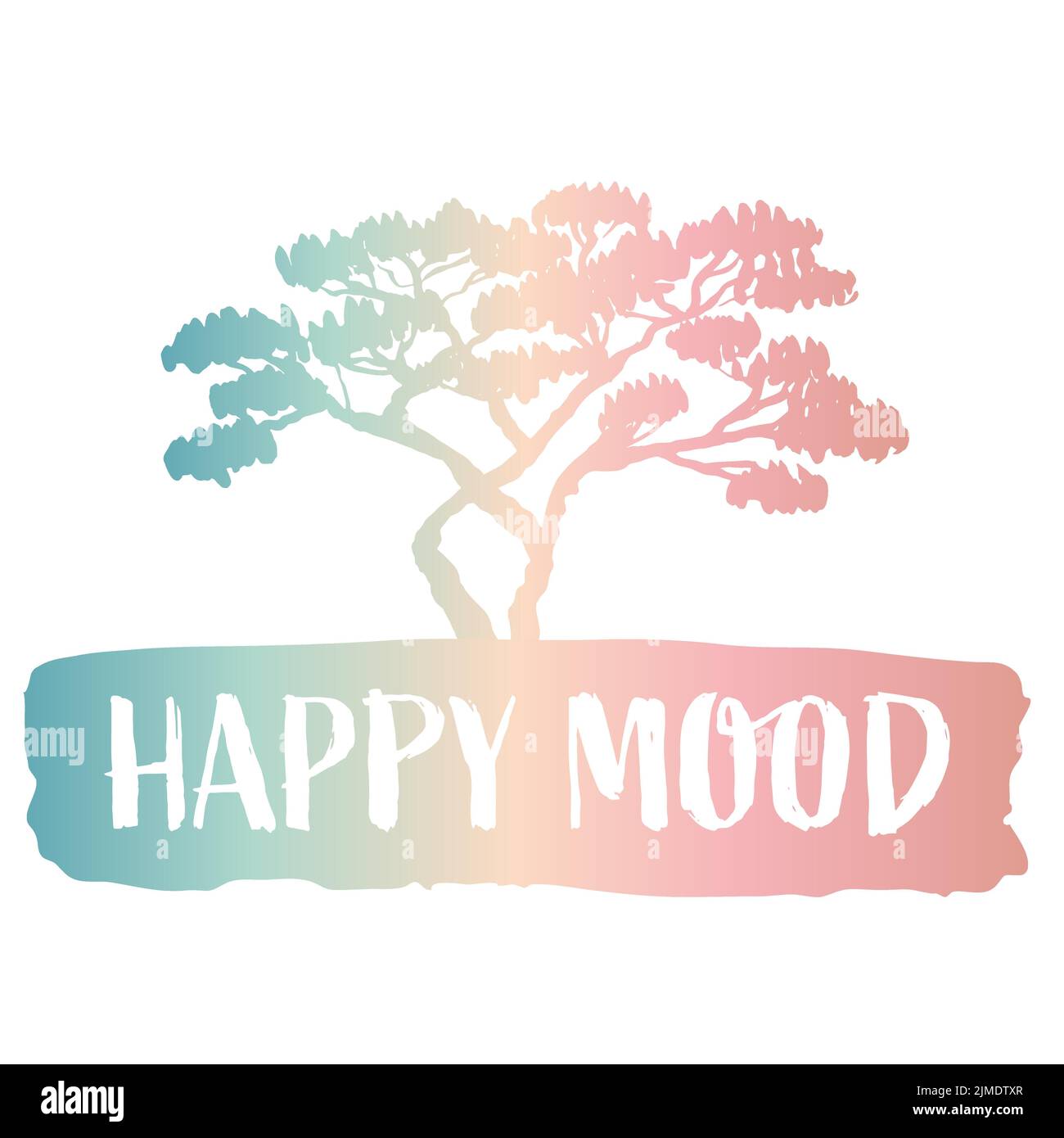 Print mit einer Silhouette eines Baumes und der Aufschrift Happy Mood. Vektorgrafik Sublimation Gradient Pastellfarbe für Druck auf T-Shirt, Muster Stock Vektor