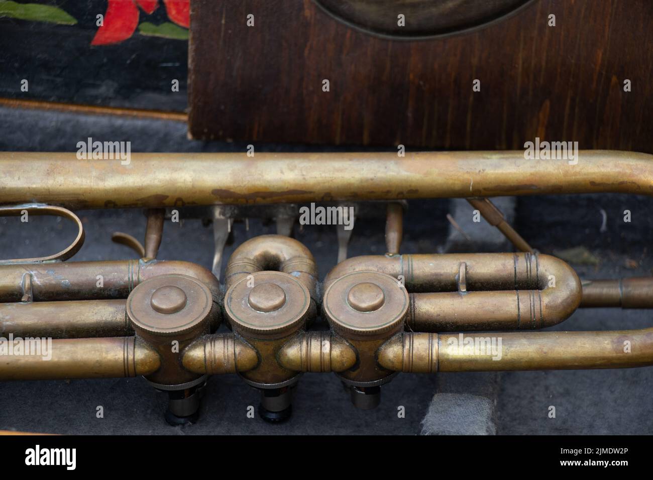 Alte musikalische Trompete in einer Holzkiste Nahaufnahme, Musik und Hobby Stockfoto