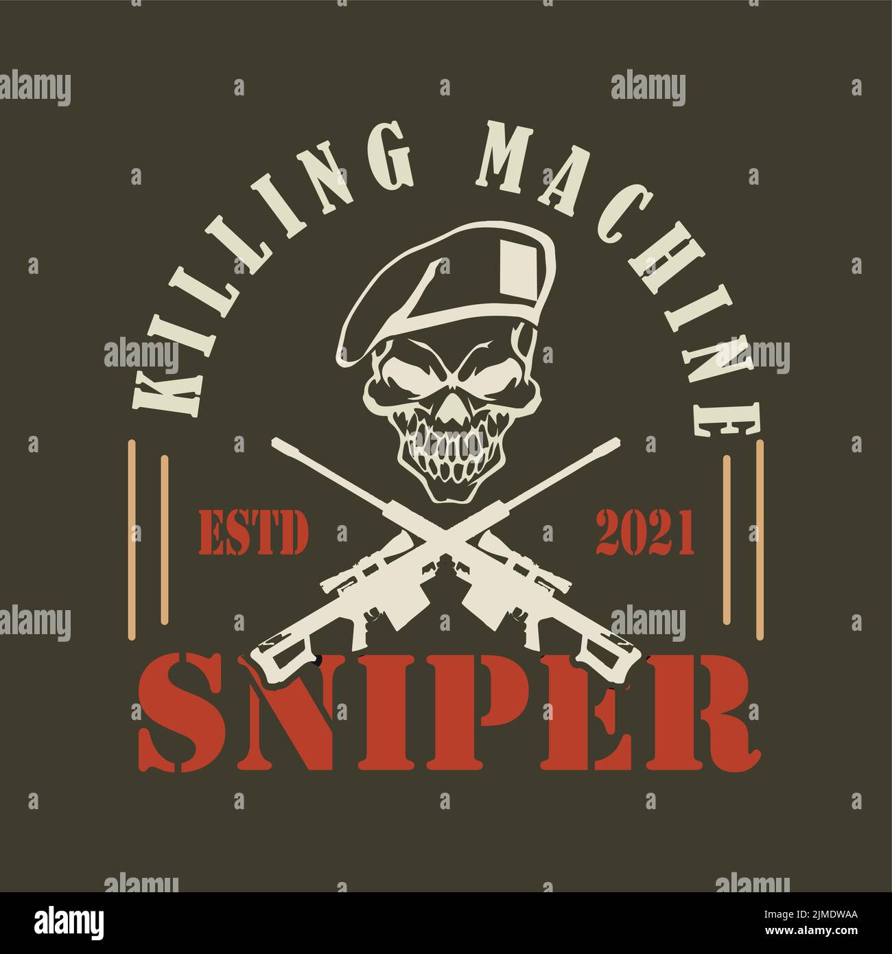 Ein Vintage-Sniper-Logo in weißen und roten Farben auf dunklem Hintergrund Stock Vektor