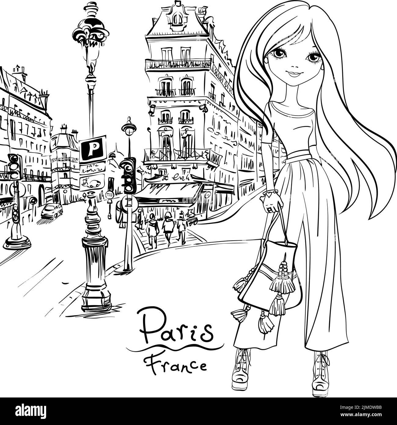 Vector nettes Mädchen auf der pariser Straße in Paris, Frankreich. Schwarz-Weiß-Illustration für Malbuch. Stock Vektor