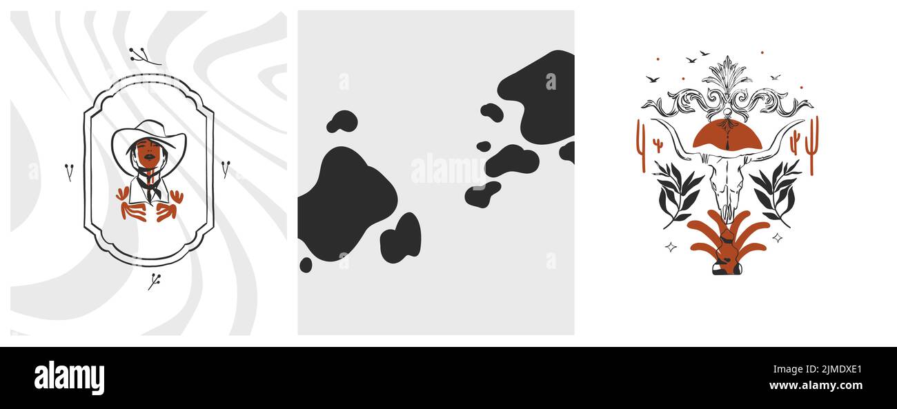Handgezeichnete abstrakte Vektor Grafik Cliparts Illustrationen Logo Set Kompositionen.Wild Western Design Konzept.Böhmische wilden Westen zeitgenössische Kunst.Cowboy Stock Vektor