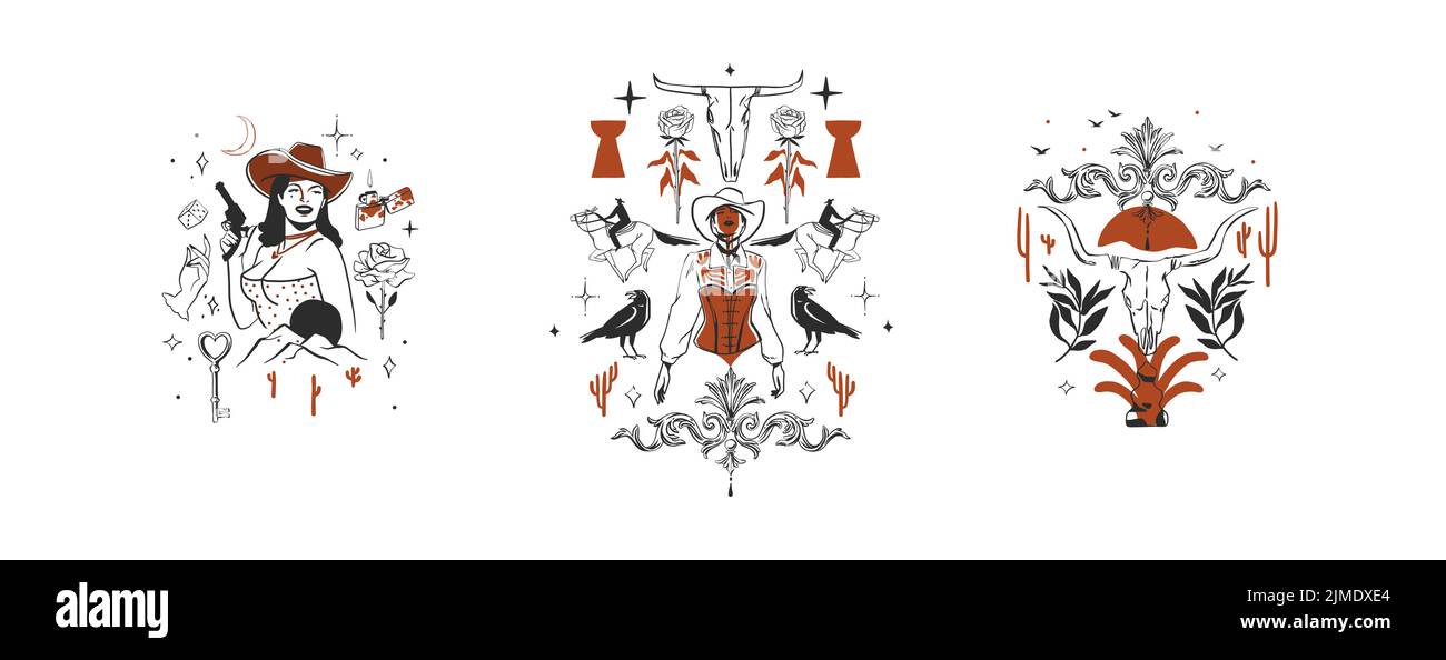 Handgezeichnete abstrakte Vektor Grafik Cliparts Illustrationen Logo Set Kompositionen.Wild Western Design Konzept.Böhmische wilden Westen zeitgenössische Kunst.Cowboy Stock Vektor