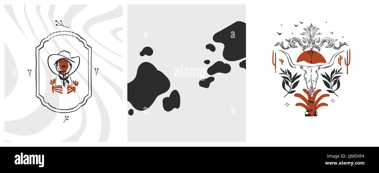 Handgezeichnete abstrakte Vektor Grafik Cliparts Illustrationen Logo Set Kompositionen.Wild Western Design Konzept.Böhmische wilden Westen zeitgenössische Kunst.Cowboy Stock Vektor