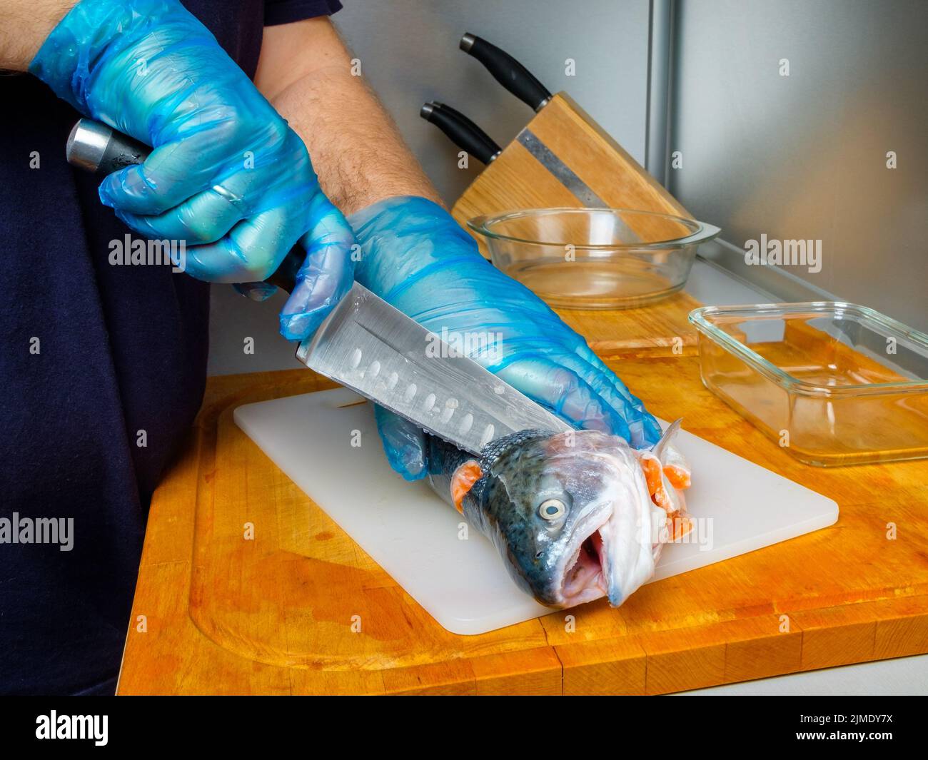 Die Handschuhen der Köchin schnitten dem Lachs mit einem Messer den Kopf ab. Stockfoto