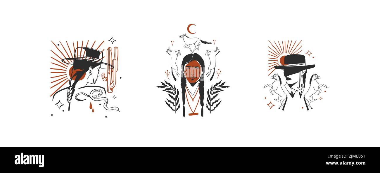 Handgezeichnete abstrakte Vektor Grafik Cliparts Illustrationen Logo Set Kompositionen.Wild Western Design Konzept.Böhmische wilden Westen zeitgenössische Kunst.Cowboy Stock Vektor