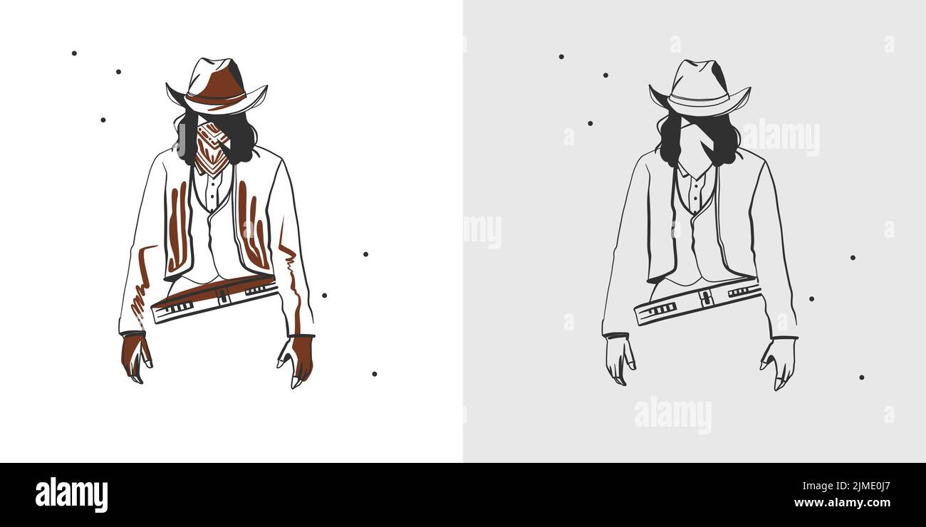 Hand gezeichnet abstrakt Vektor Grafik Clipart Illustration boho Cowboy Mann Komposition Portrait.Western Design concept.Bohemian wild West zeitgenössisch Stock Vektor