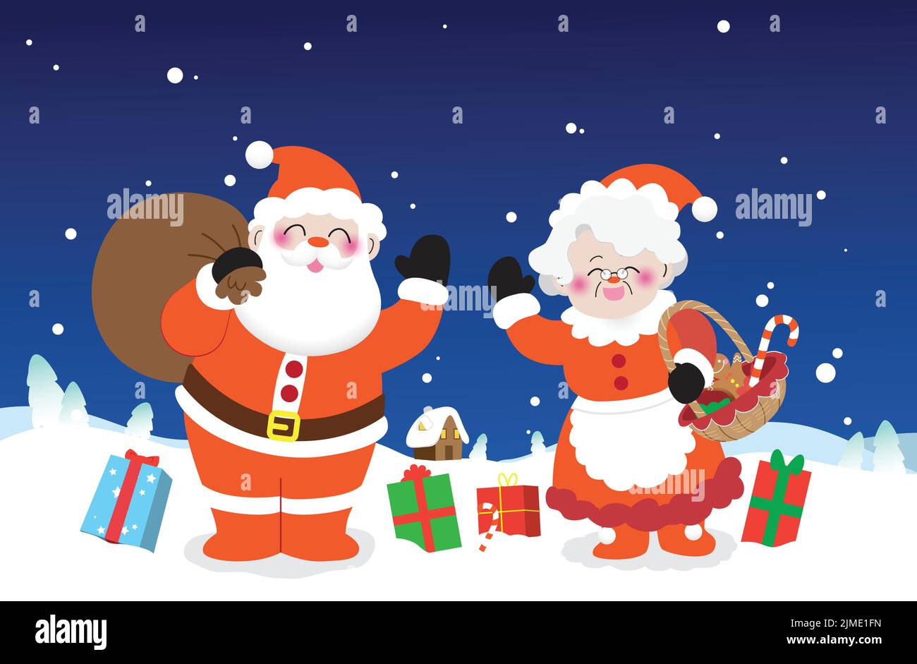 Weihnachtsmann und Frau Claus weihnachtsvektor Illustration Karte oder Banner. Weihnachtsfiguren winken. Schnee Hintergrund mit Kabine und Geschenke. Stock Vektor