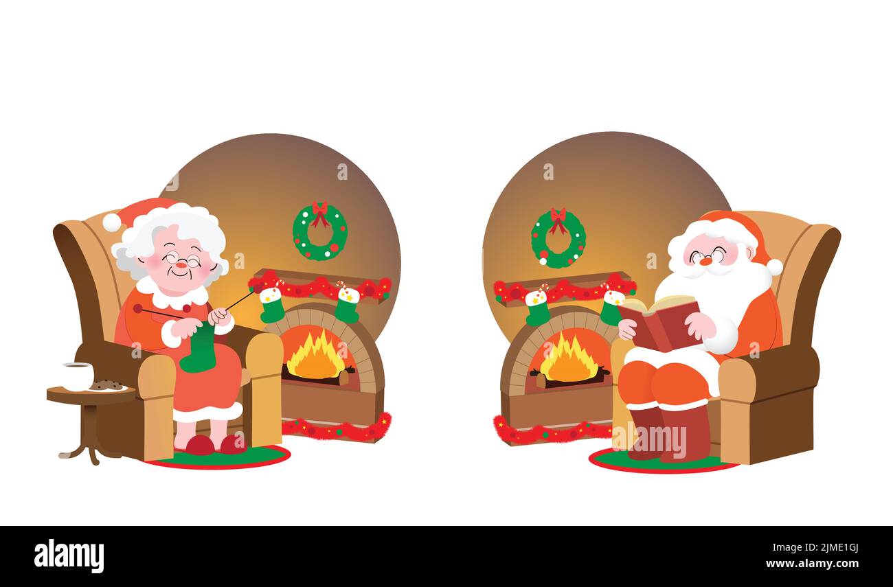 Weihnachtsmann und Frau Claus isolierten Figuren, die im Sessel vor dem Kamin sitzen. Gemütlicher Kamin im Innenbereich mit weihnachtsdekorationen. Stock Vektor