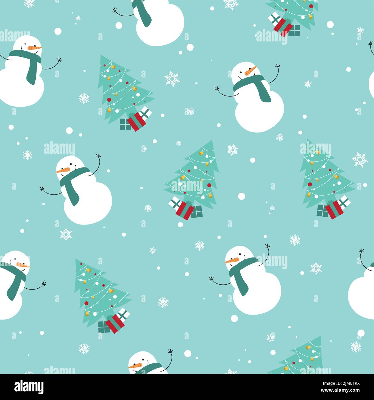 Weihnachtsvektor nahtloses Muster mit einem Schneemann und einer Kiefer, Winter nahtloses Muster mit blauem Hintergrund und Schneeflocken Stock Vektor