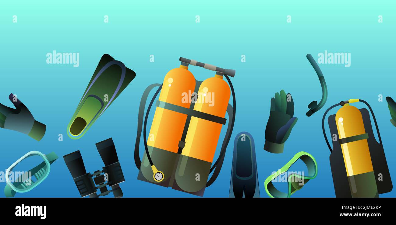Tauchkit mit Sauerstofftank in Maske und Flossen. Set von Ausrüstung für Schwimmen und Tauchen. Vor dem Hintergrund des Meerwassers. Vektor. Stock Vektor