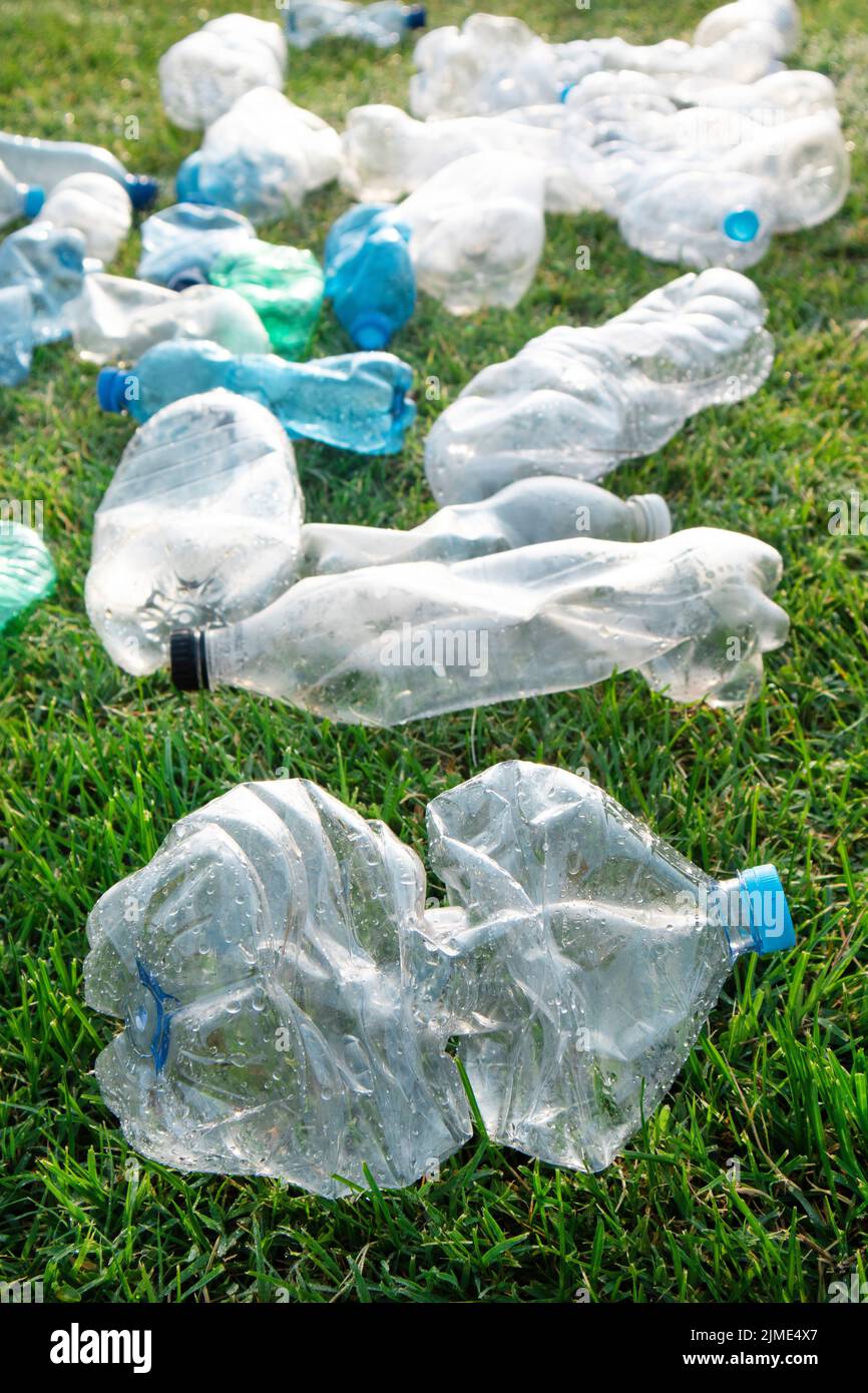 Gebrauchte Plastikflaschen, die auf einer Wiese aufgegeben wurden Stockfoto
