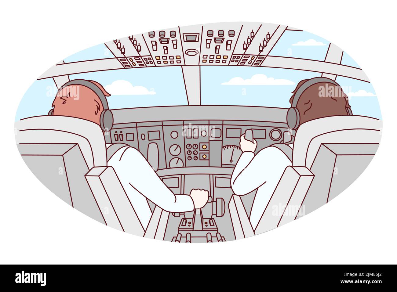 Piloten in der Kabine des Flugzeugs während des Fluges. Flugzeugbesatzung vor dem Werk. Luftfahrt und Fliegen. Vektorgrafik. Stock Vektor