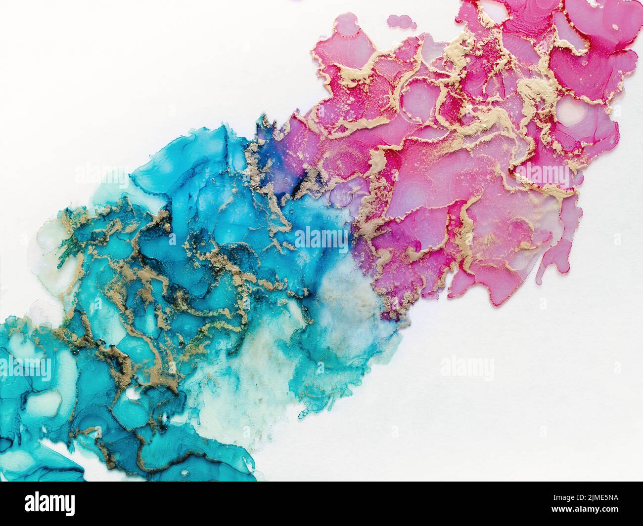 Alkohol Tinte Flüssigkeit Kunst Hintergrund, blau und golden Stockfoto