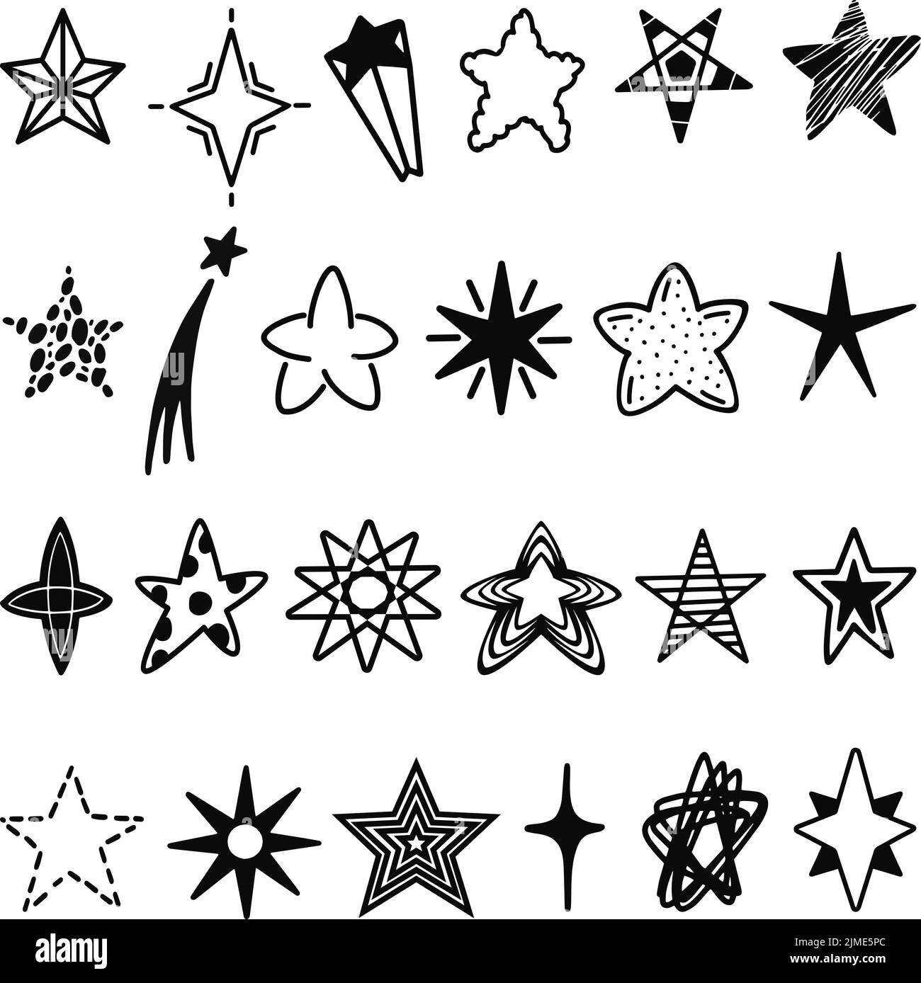 Schwarzer Doodle-Stern. Skizze Sterne für beste Bewertung, isolierte handgezeichnete weihnachtsdekoration. Skizzenhafte Tinte oder Marker dekorativer neoterischer Himmelsvektor Stock Vektor