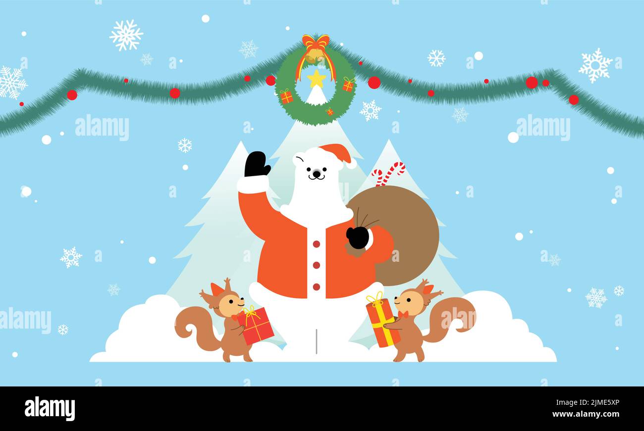 Weihnachtskarte Illustration Vektor mit Santa Eisbär, Eichhörnchen halten Geschenke und Kiefern mit weihnachtsschmuck Stock Vektor