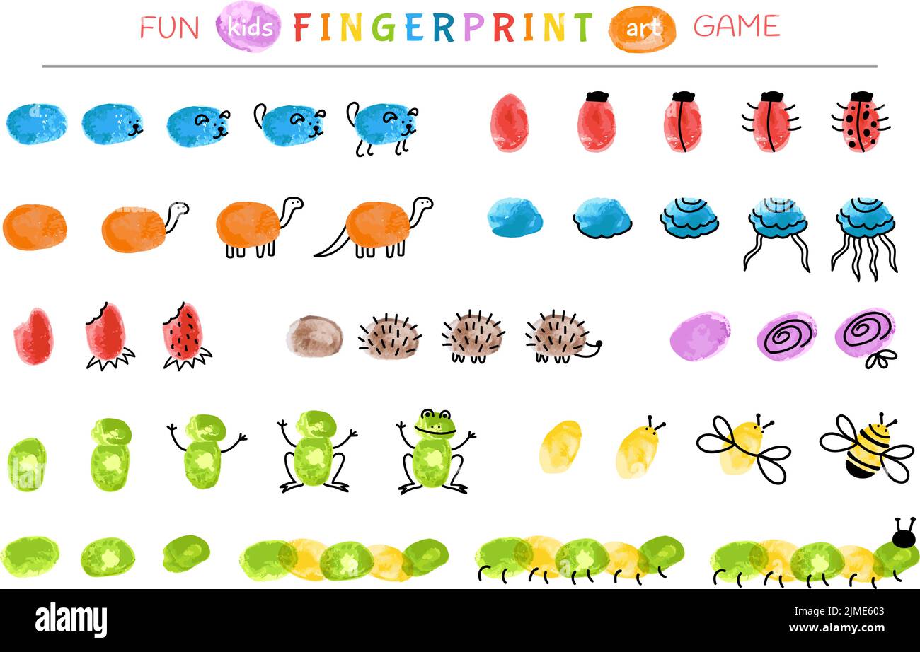 Fingerabdruck Tier Spiel. Schritt für Schritt Baby Tiere mit Fingern malen. Zeichnen lernen, Spaß im Kindergarten oder in der Vorschule Stock Vektor