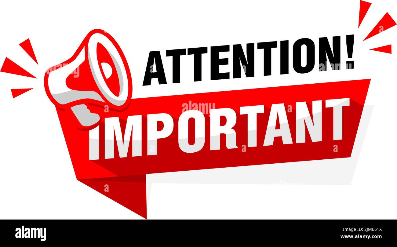 Achtung, wichtige Nachricht auf rotem Band mit Megaphon. Vektor auf transparentem Hintergrund Stock Vektor