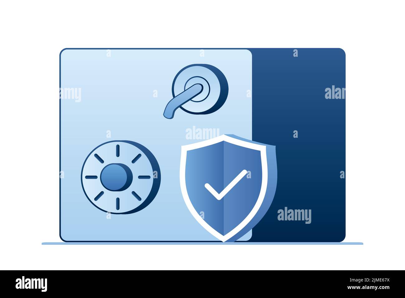 Safe mit Sicherheitsschild. Stahltresor isoliert auf weißem Hintergrund. Vektor-Illustration im trendigen Stil Stock Vektor