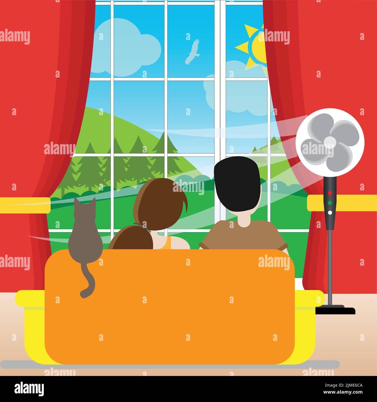 Gemütliches Zimmer mit elektrischem Ventilator für einen Mann, eine Frau und eine Katze mit Blick auf die Berge Stock Vektor