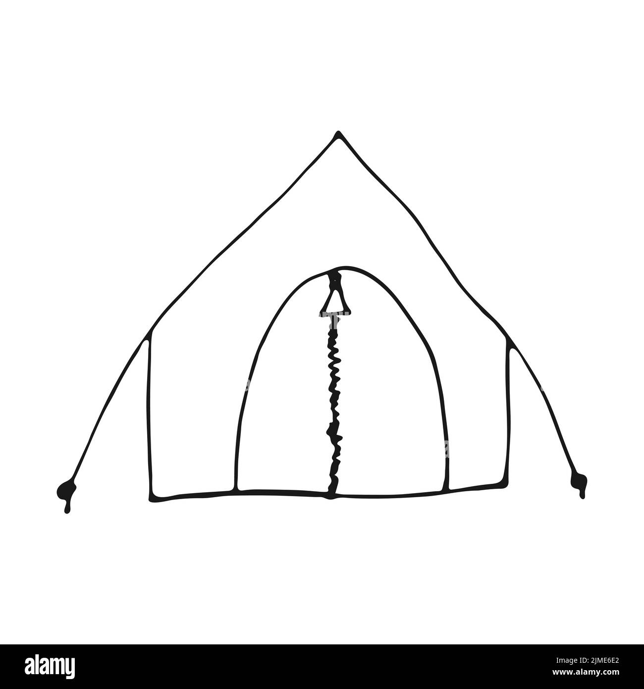Doodle-Campingzelt. Touristenzelt isoliert auf weißem Hintergrund. Vektorgrafik. Stock Vektor