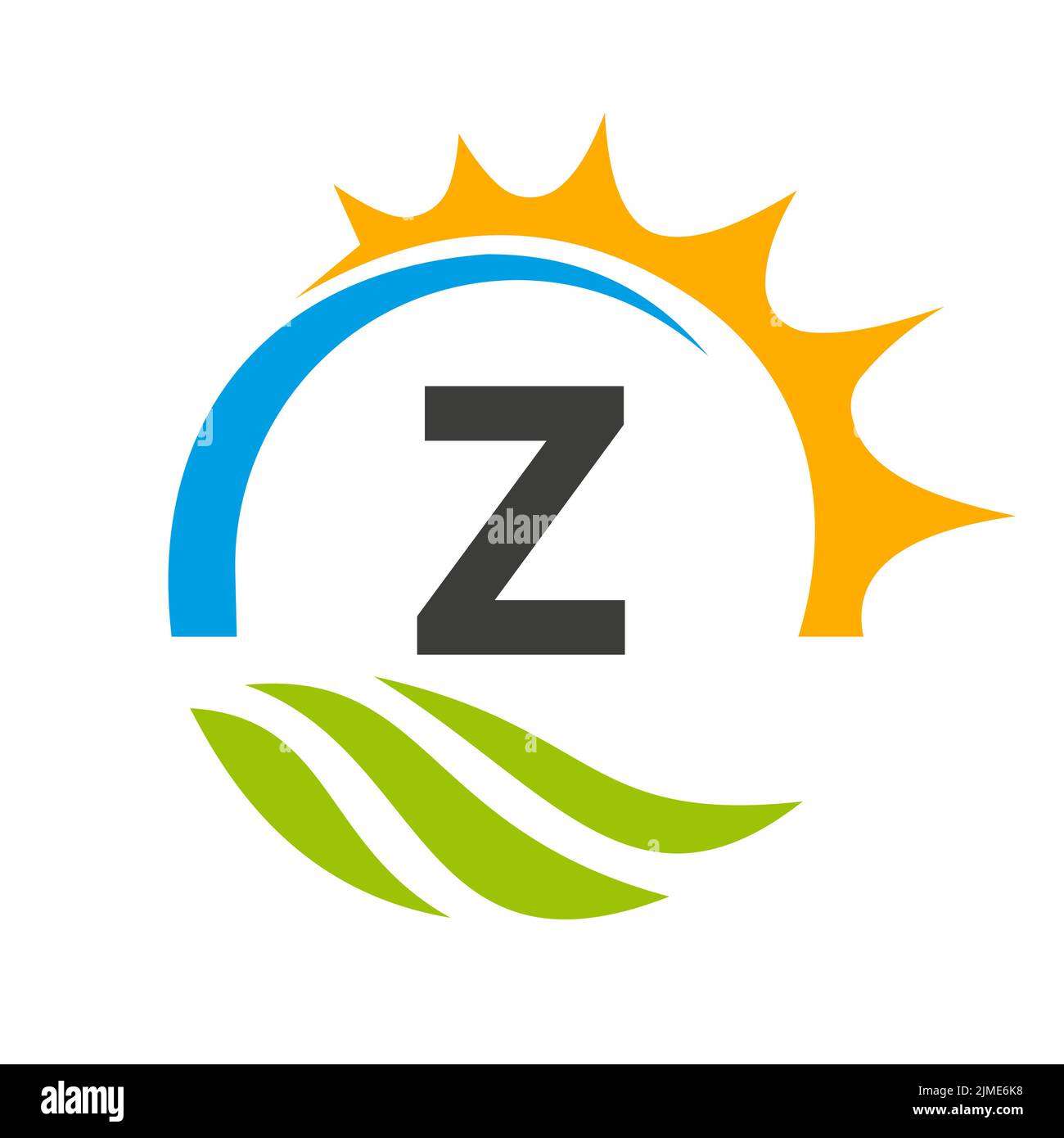 Buchstabe Z Landwirtschaft Logo Vektor-Vorlage. Landwirtschaft Logo Konzept mit Green Field und Bright Sun Element Stock Vektor