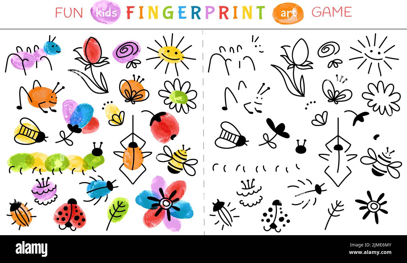 Fingerabdruck-Spiel für Kinder. Kindergarten lernen Farbe, Baby gemalt Kunst Aktivitäten. Bildung zeichnen Tiere und Insekten, Kindergarten spielen anständig Stock Vektor