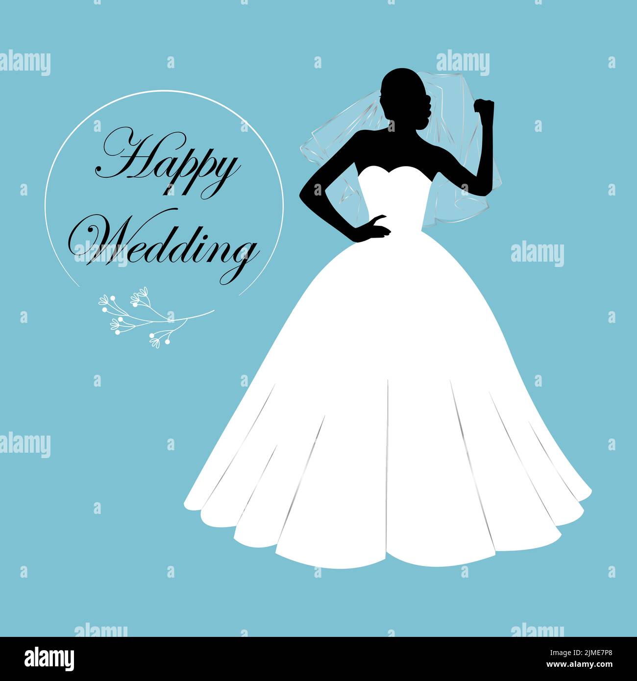 Braut hält Schleier Silhouette.Hochzeitskarte, Einladung. Weibliche Silhouette in einem üppigen Kleid auf weißem Hintergrund. Vektorgrafik. Stock Vektor