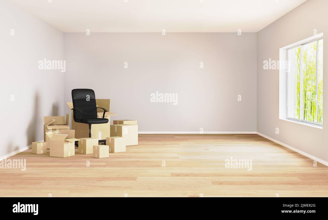 Leeres Zimmer mit Umzugskartons und Bürostuhl. Bewegungskonzept. Platz für Mockup. 3D Rendern. Zimmer mit hellen Wänden und Holz f Stockfoto