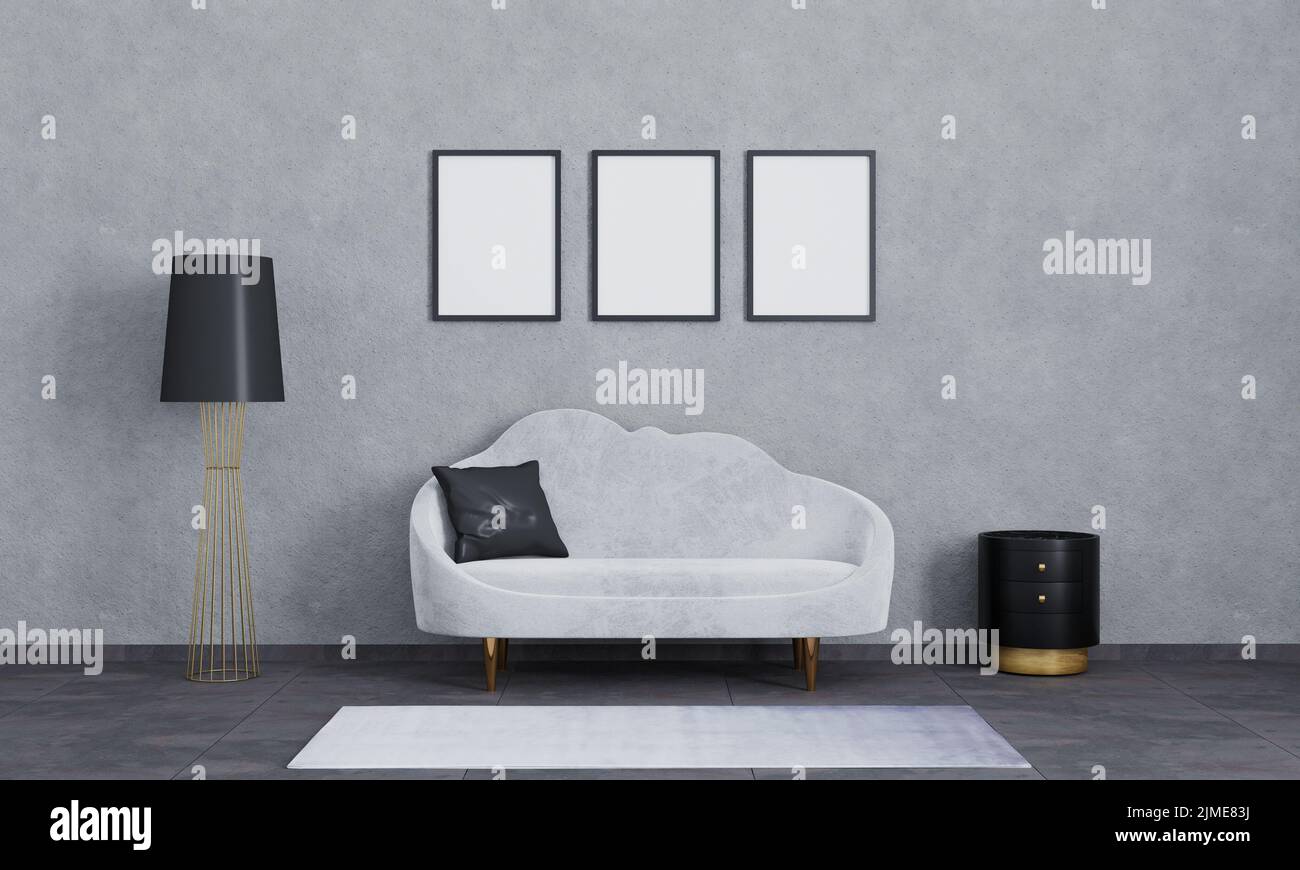 Blank Poster Rahmen für mockup.Moderne Innenausstattung des Wohnzimmers für mockup, Luxus, Loft. Graues Sofa, schwarze und goldene Lampe und Bettdecke Stockfoto
