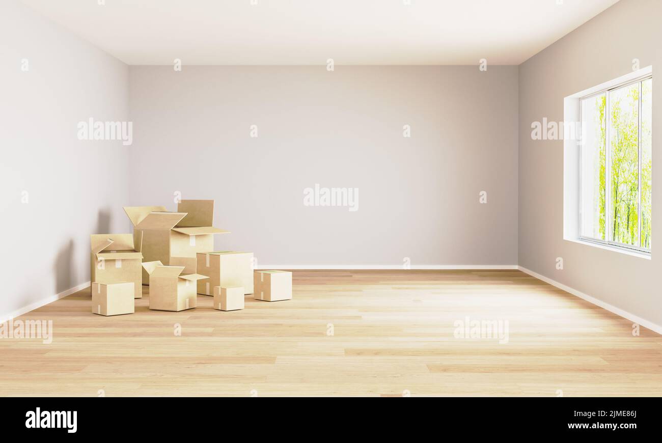 Leerer Raum mit Umzugskisten und Fenster. Umzugskonzept. Platz für Mockup. 3D Rendern. Zimmer mit hellen Wänden und Holzboden Stockfoto