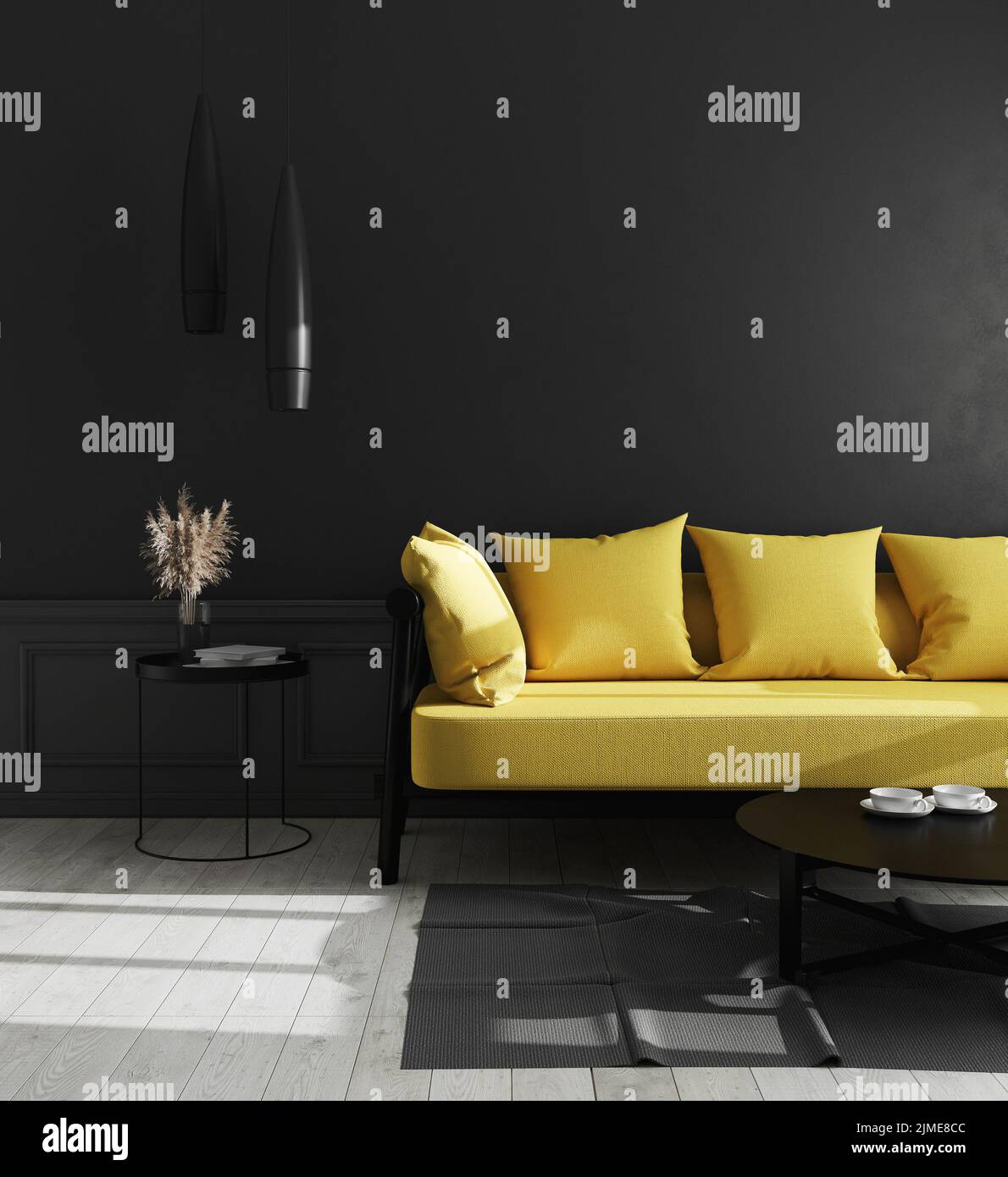 Dunkles Interieur des Wohnzimmers mit schwarzer Wand und hellgelbem Sofa, moderner Luxus-Wohnzimmer-Innenhintergrund, Wohnzimmer Stockfoto
