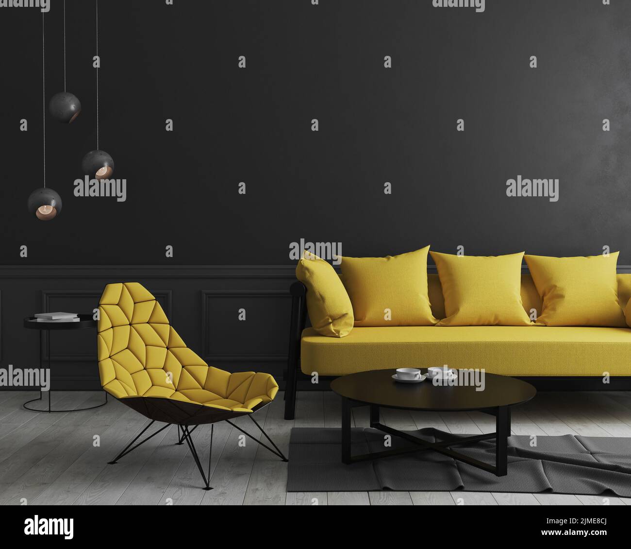 Moderne Zimmer-Innenhintergrund mit schwarzer Wand und stilvollen gelben Sofa und Design-Sessel in der Nähe Couchtisch, elegant, Luxus, Stockfoto