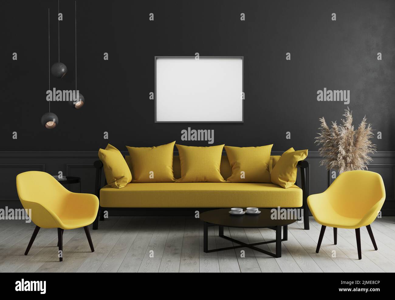 Leere horizontale Bilderrahmen im modernen Raum Innenraum Hintergrund mit schwarzer Wand und stilvollen gelben Sofa und Design-Arm Stockfoto