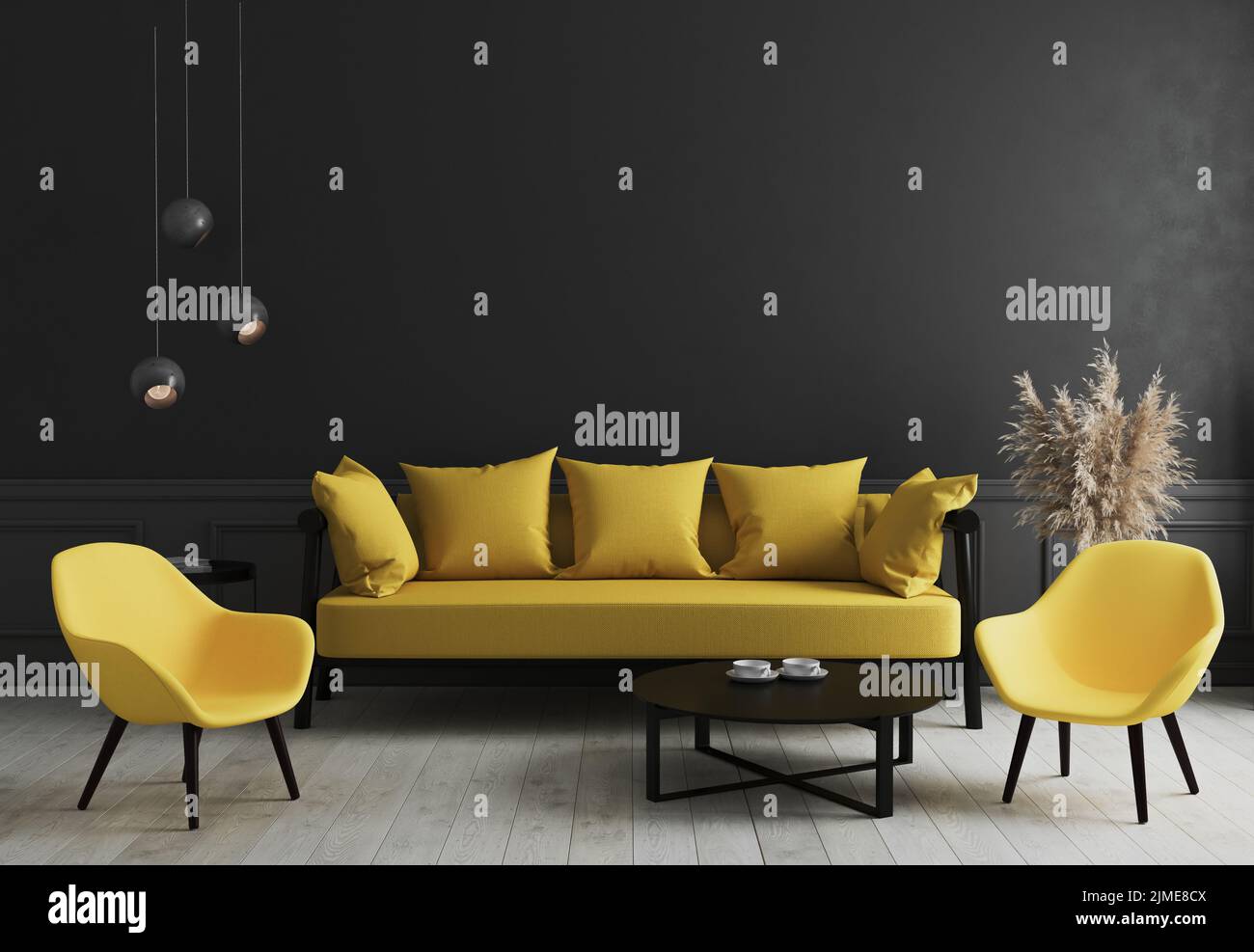 Moderne Zimmer-Innenhintergrund mit schwarzer Wand und stilvollen gelben Sofa und Design-Sessel in der Nähe Couchtisch, elegant, Luxus, Stockfoto