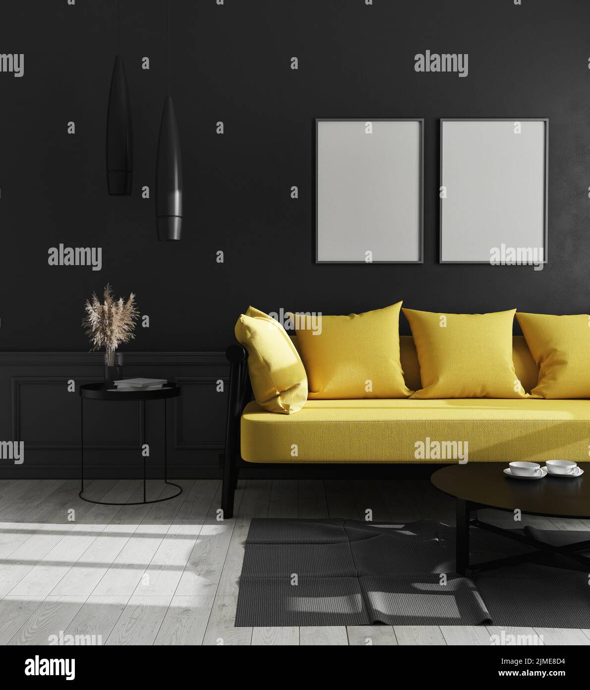 Leere vertikale Posterrahmen im modernen Luxus-Wohnzimmer Interieur mit schwarzer Wand und hellgelben Sofa, skandinavischen s Stockfoto