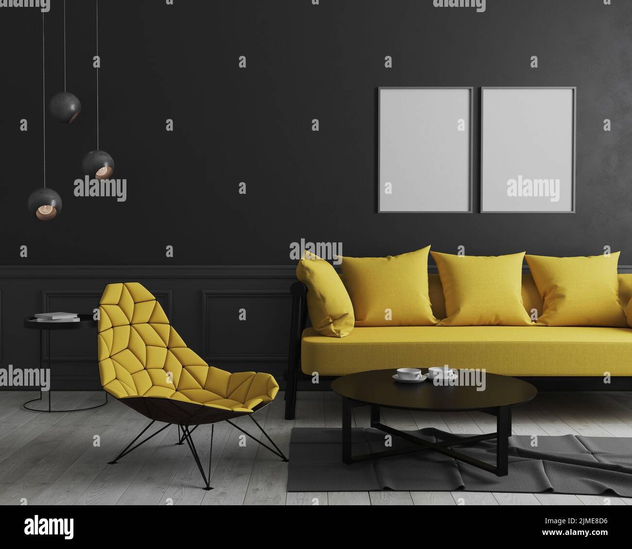 Blank vertikalen Posterrahmen im modernen Raum Innenraum Hintergrund mit schwarzer Wand und stilvollen gelben Sofa und Design-Armcha Stockfoto