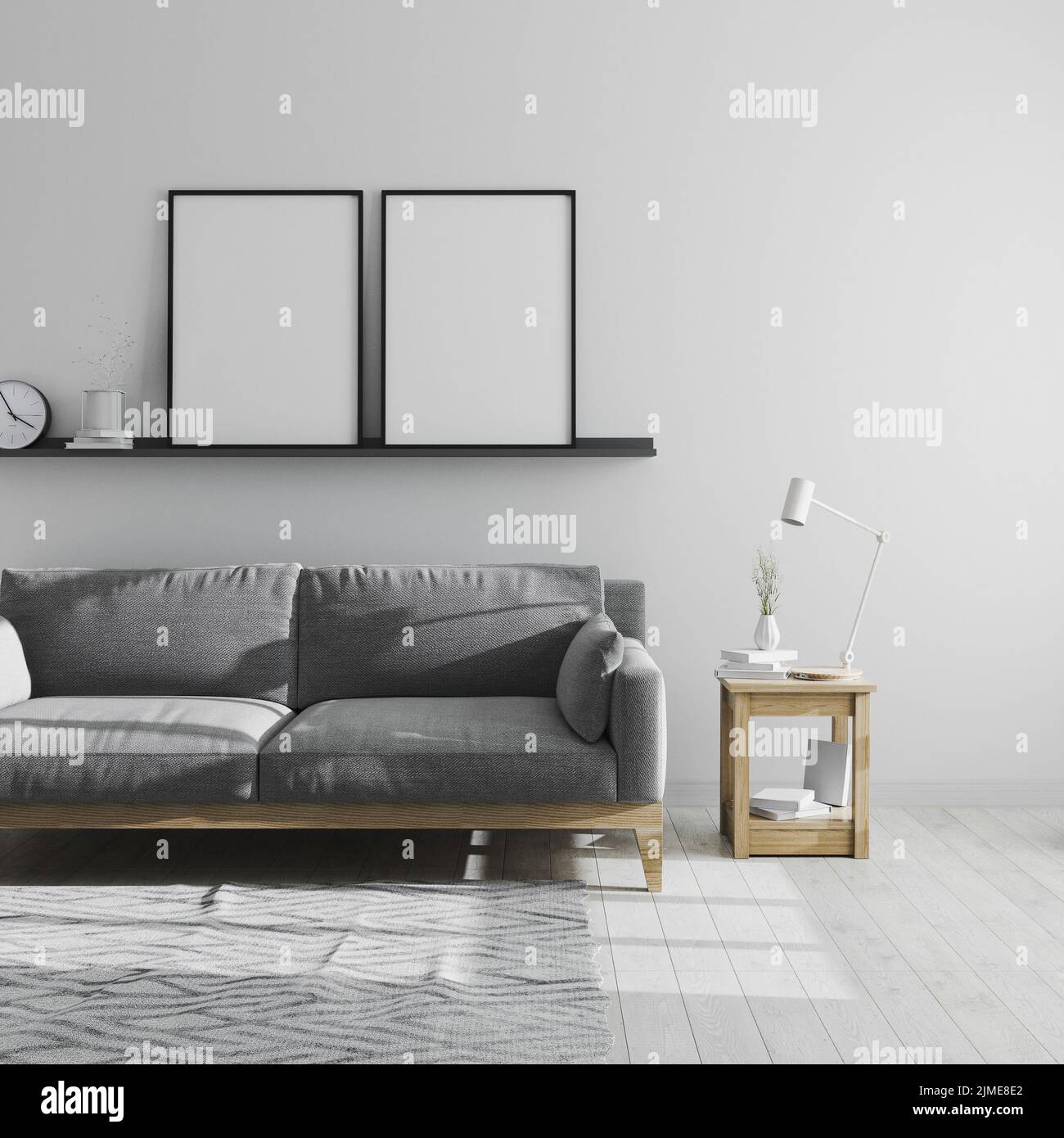 Zwei leere Posterrahmen mock up auf Regal in grauen Wohnzimmer Innenhintergrund, skandinavischen Stil Wohnzimmer Inneneinrichtung, minim Stockfoto